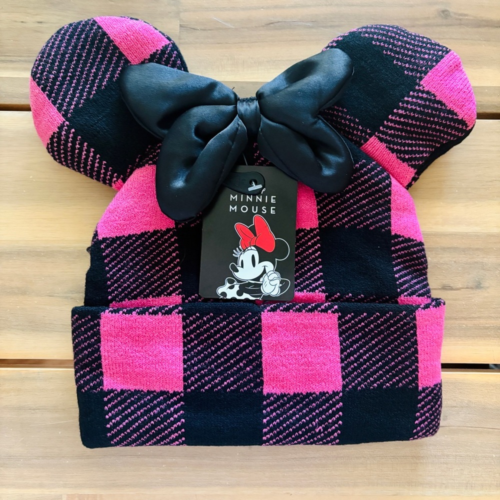 minnie mouse - checkered beanie with plush bow - NWT